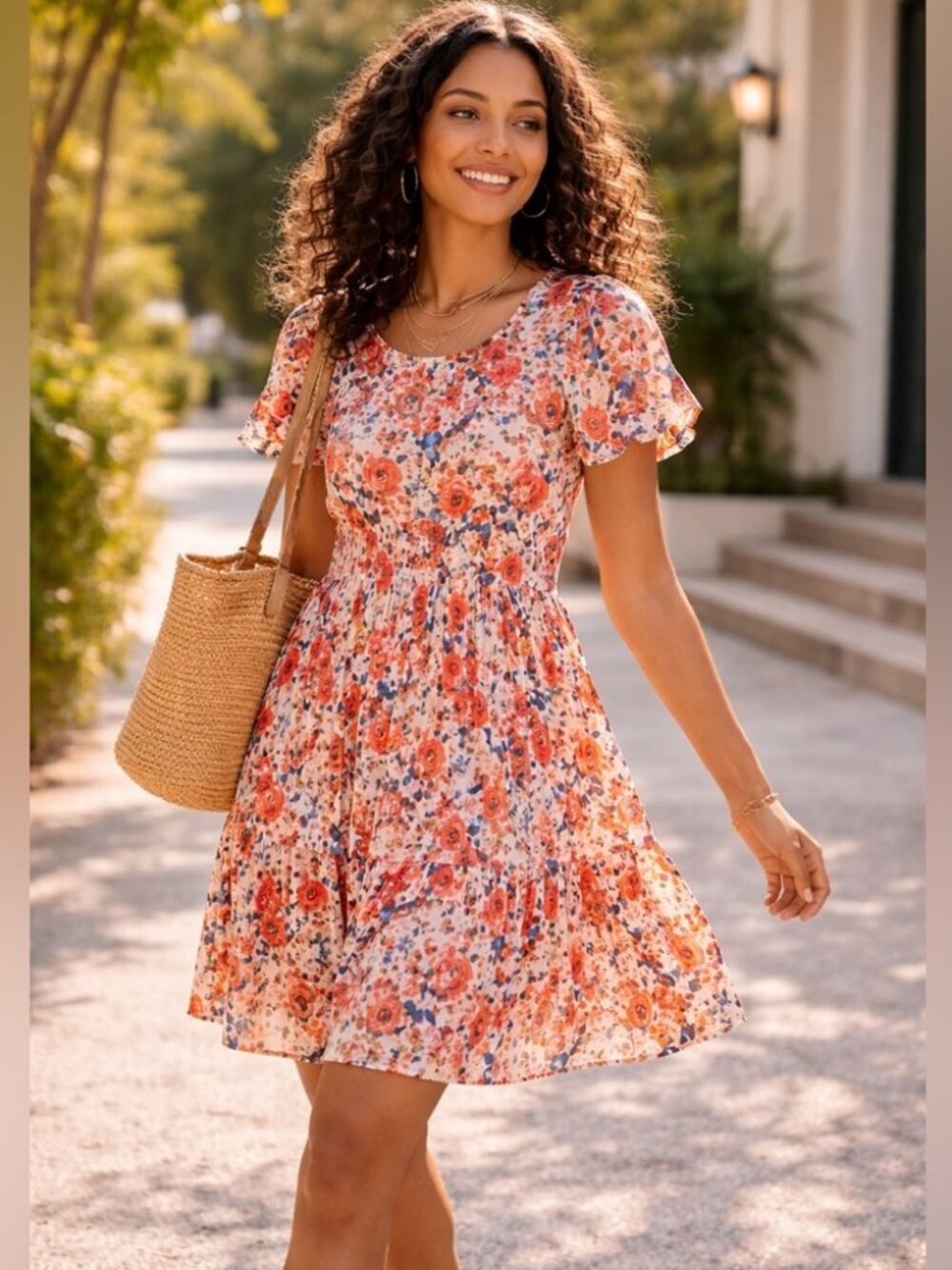 ICHI Floral Short Sleeve Pleated Mini Dress Size 38 Boho Summer Chic Vacation